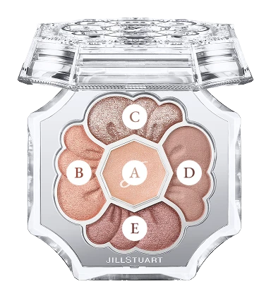 ヘア＆メイクアップアーティスト 岡田知子がオススメするメイクアップ術で説明のために使用するジルスチュアート　ドレスドブルーム アイズ01 satin dahlia の商品画像　パレット中央がA、9時の方向がB、12時の方向がC、3時の方向がD、6時の方向がEで構成されています。