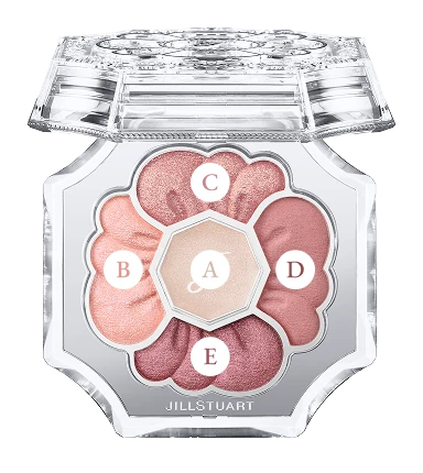 ヘア＆メイクアップアーティスト 吉崎沙世子がオススメするメイクアップ術で説明のために使用するジルスチュアート　ドレスドブルーム アイズ02 peony embroidery の商品画像　パレット中央がA、9時の方向がB、12時の方向がC、3時の方向がD、6時の方向がEで構成されています。