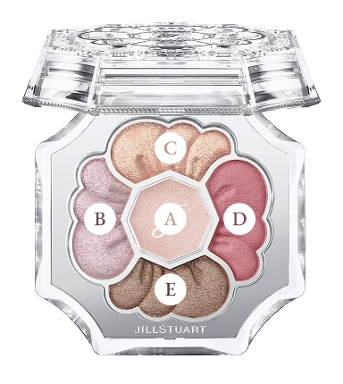 ヘア＆メイクアップアーティスト 吉崎沙世子がオススメするメイクアップ術で説明のために使用するジルスチュアート　ドレスドブルーム アイズ04 rose boutique の商品画像　パレット中央がA、9時の方向がB、12時の方向がC、3時の方向がD、6時の方向がEで構成されています。